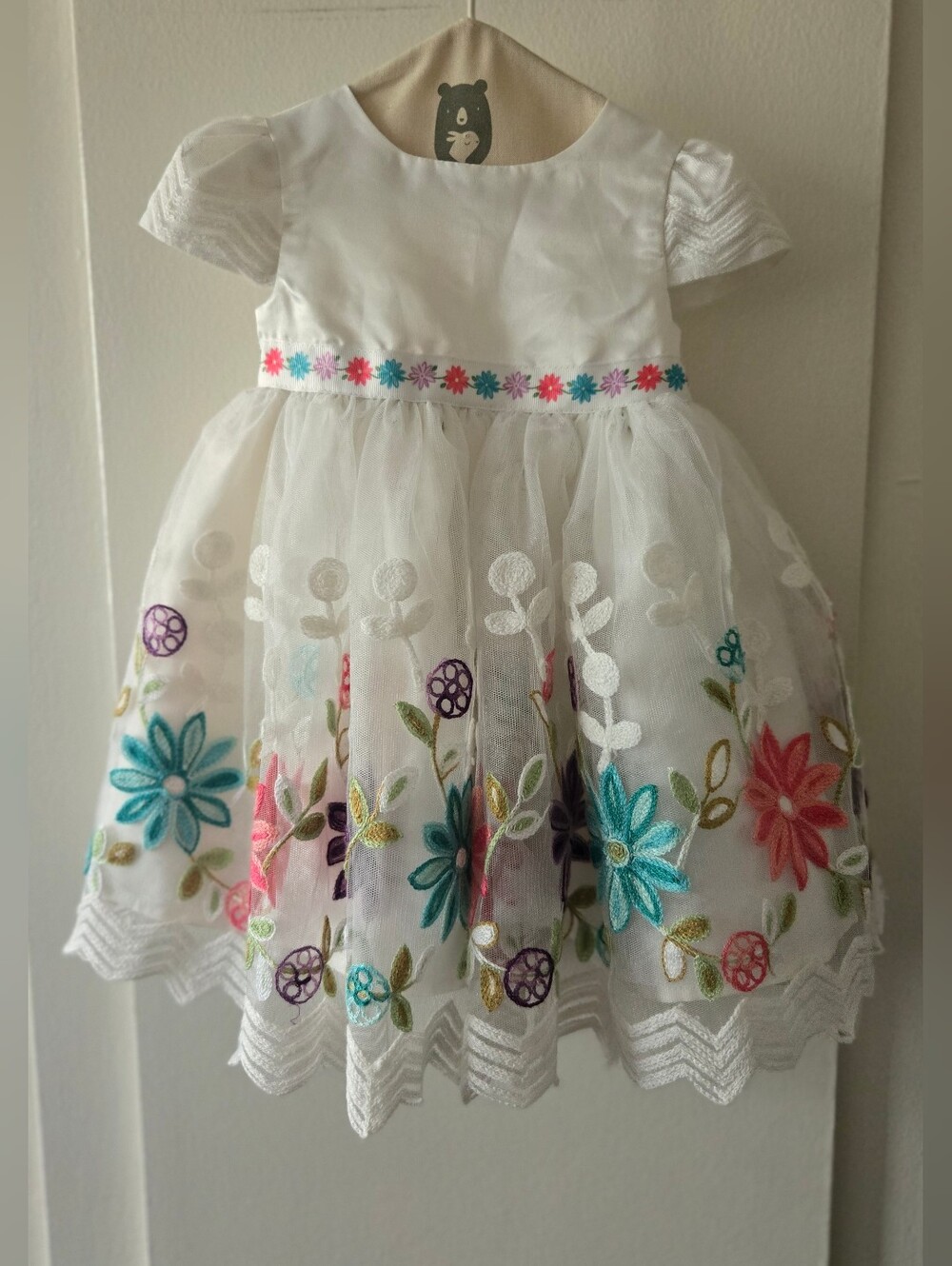 White Floral Embroidered Tulle Kids Dress
